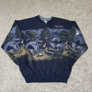 Vintage Art Unlimited All Over Print Camping Nature Henley Sweatshirt Size XL